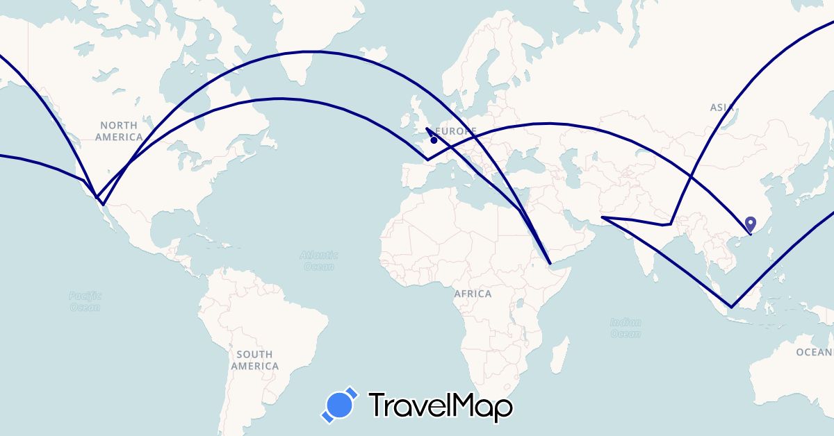 TravelMap itinerary: driving in China, Djibouti, Egypt, France, United Kingdom, Indonesia, India, Iran, Italy, Mexico, United States (Africa, Asia, Europe, North America)